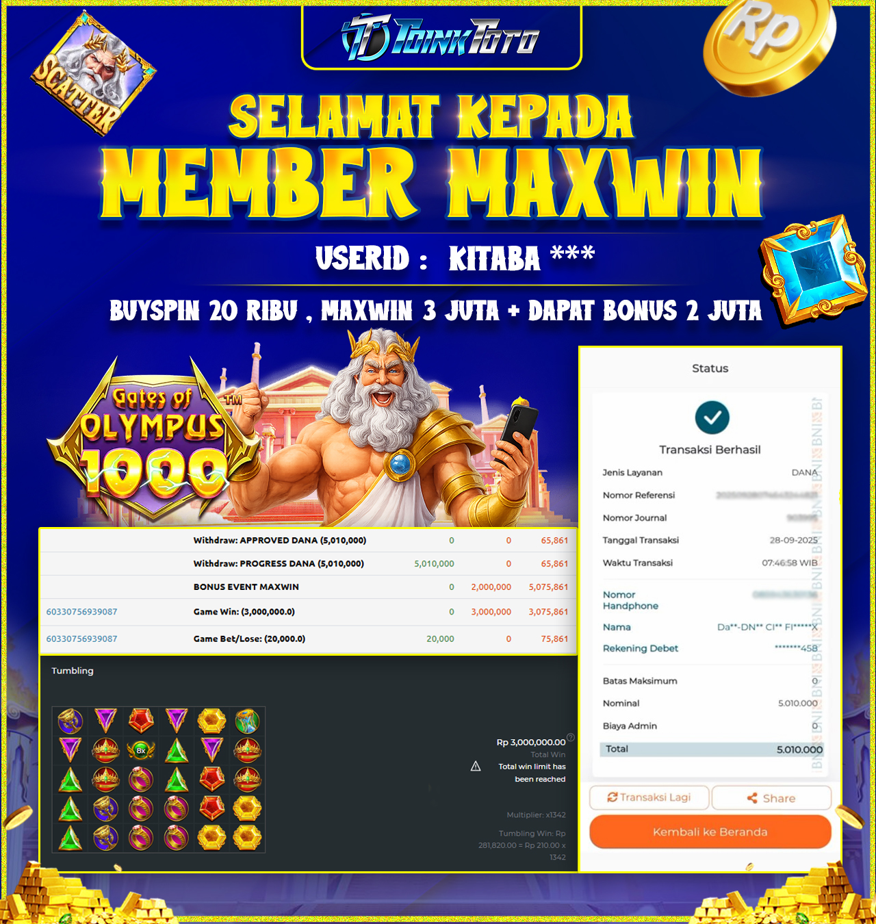 TOINKTOTO JACKPOT GAME SLOT GATES OF OLYMPUS 1000 Rp.5.010.000.,- LUNAS